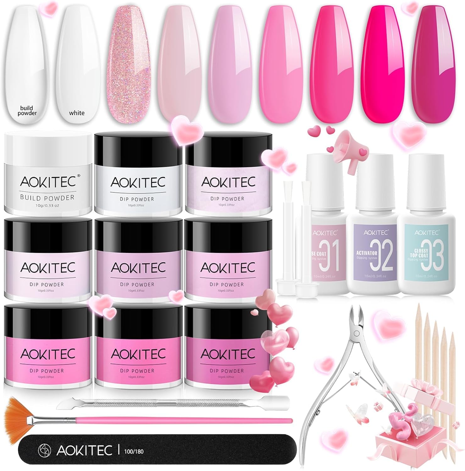 Aokitec All-in-1 Dip Powder Nail Kit with Build Powder - 8+1 colours Dipping Pow...