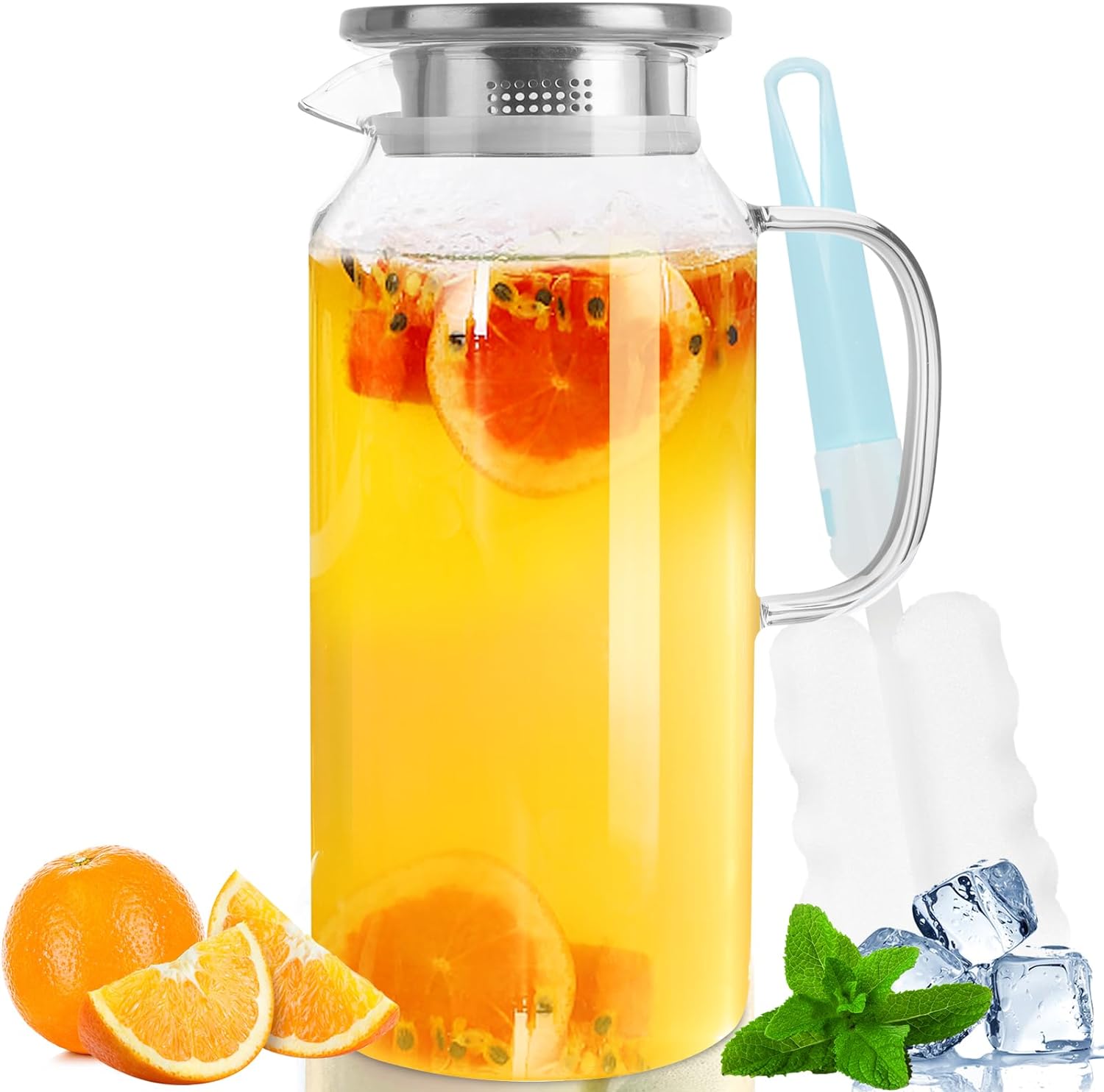Yirilan Glass Pitcher, 2 Liter/68 OZ Water Pitcher with Lid and Spout, Large Pit...