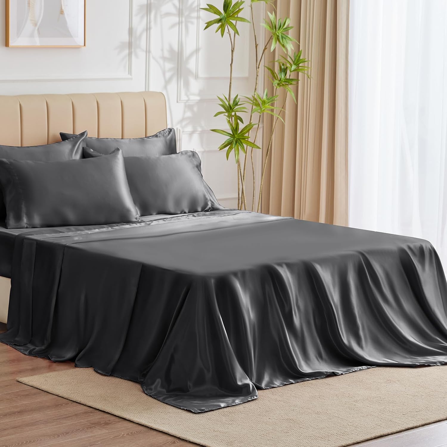 CozyLux Satin Sheets King Size - 6 Piece Dark Grey Bed Sheet Set with Silky Micr...