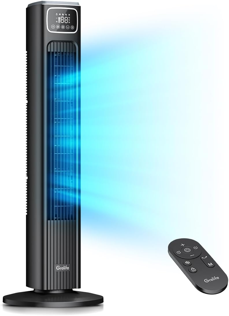 Grelife 36" Tower Fan, Bladeless Fan with 80° Oscillation, 3 Speeds, 4 Wind Mode...