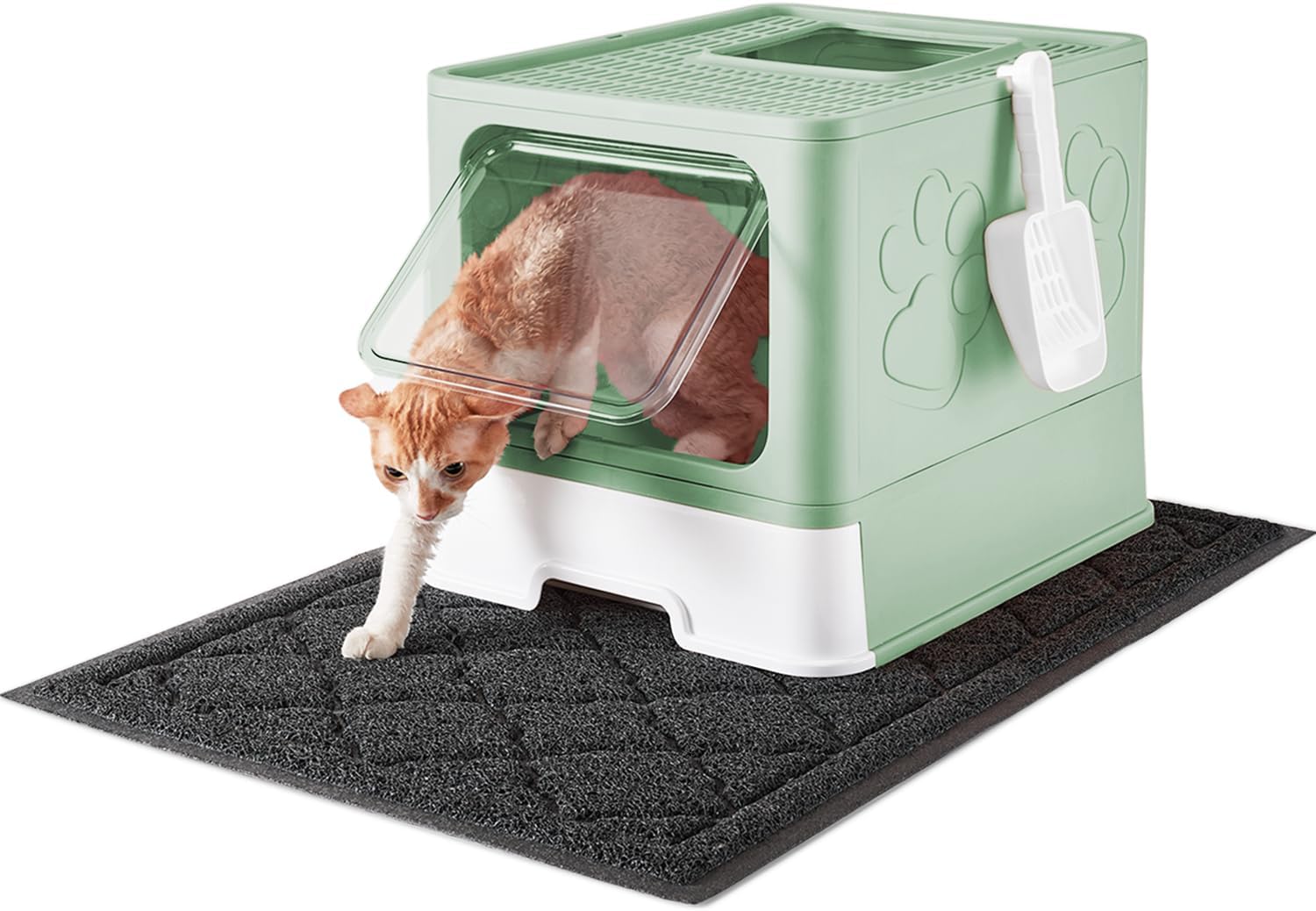 Cat Litter Box with X-Large Litter Mat and Scoop, Large Foldable Litter Box with...