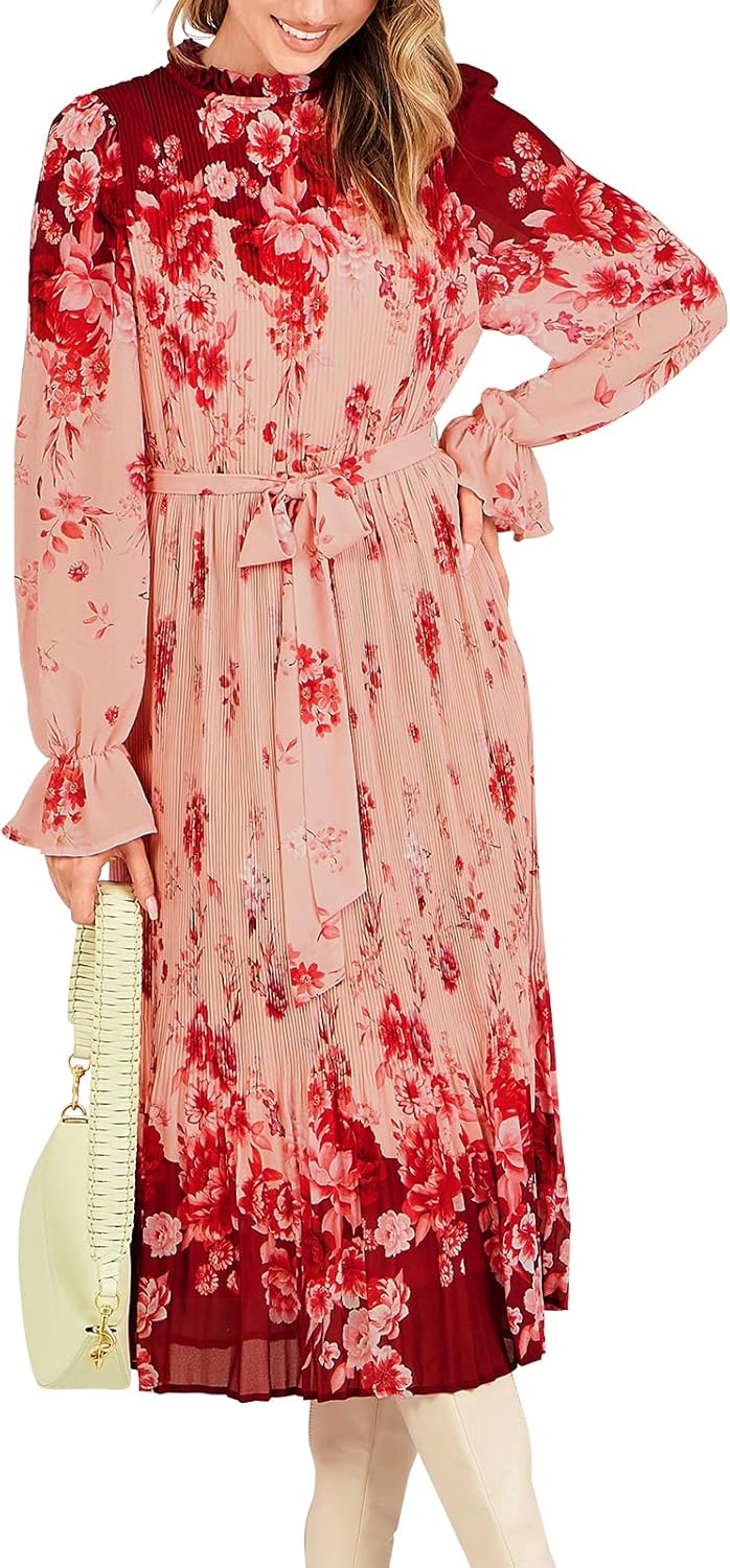 ANRABESS Women's Floral Midi Dress Puff Long Sleeve Casual Ruffle Chiffon A-Line...