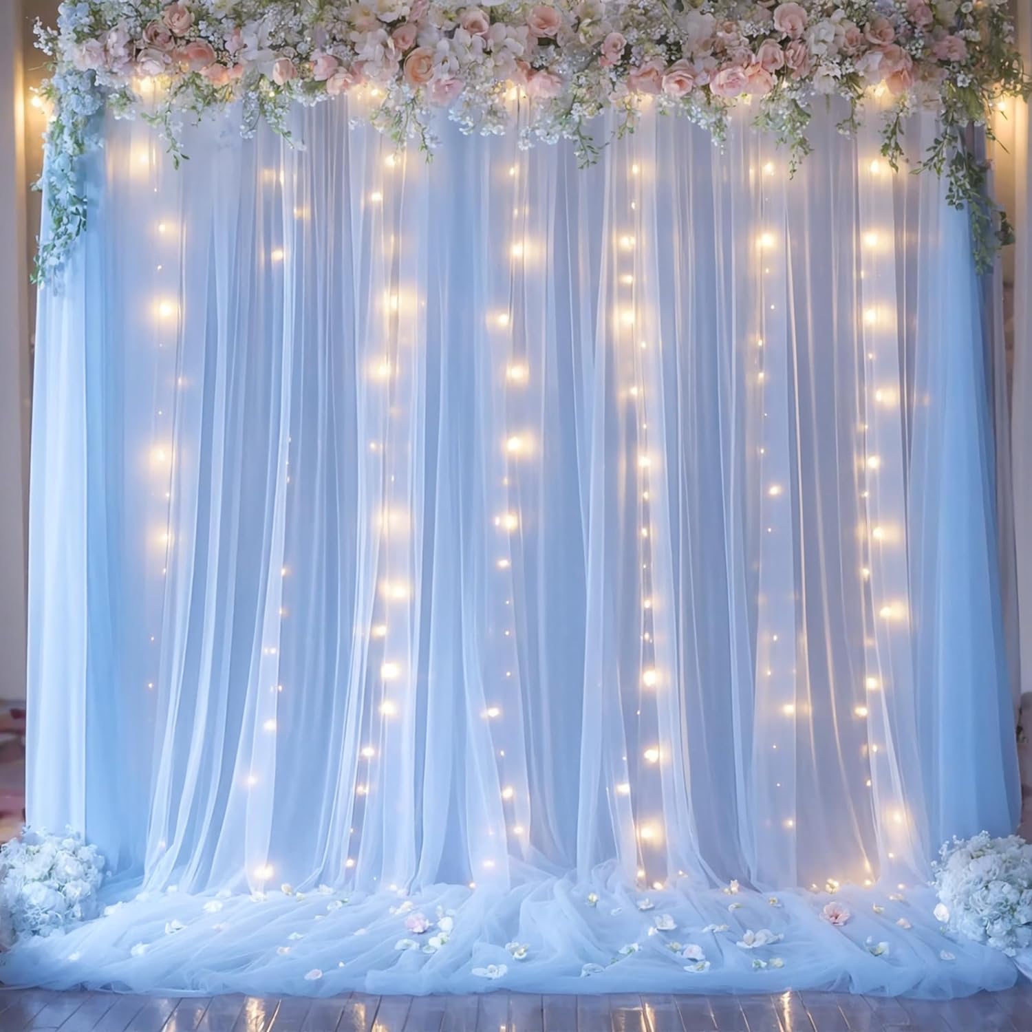 Baby Blue Sheer Tulle Backdrop Curtains with Lights String for Parites Baby Show...