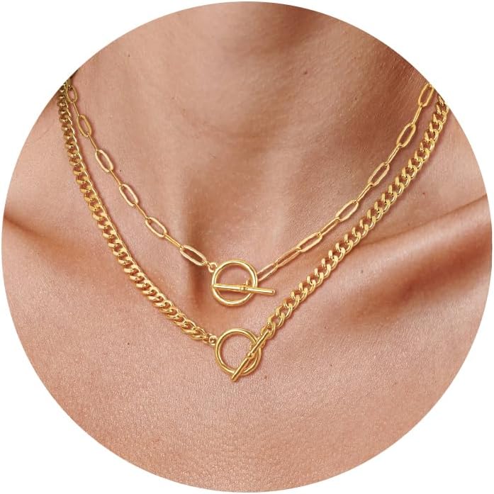 CHESKY Gold Layered Necklaces for Women, 14K Dainty Gold Chain Necklace Women Tr...