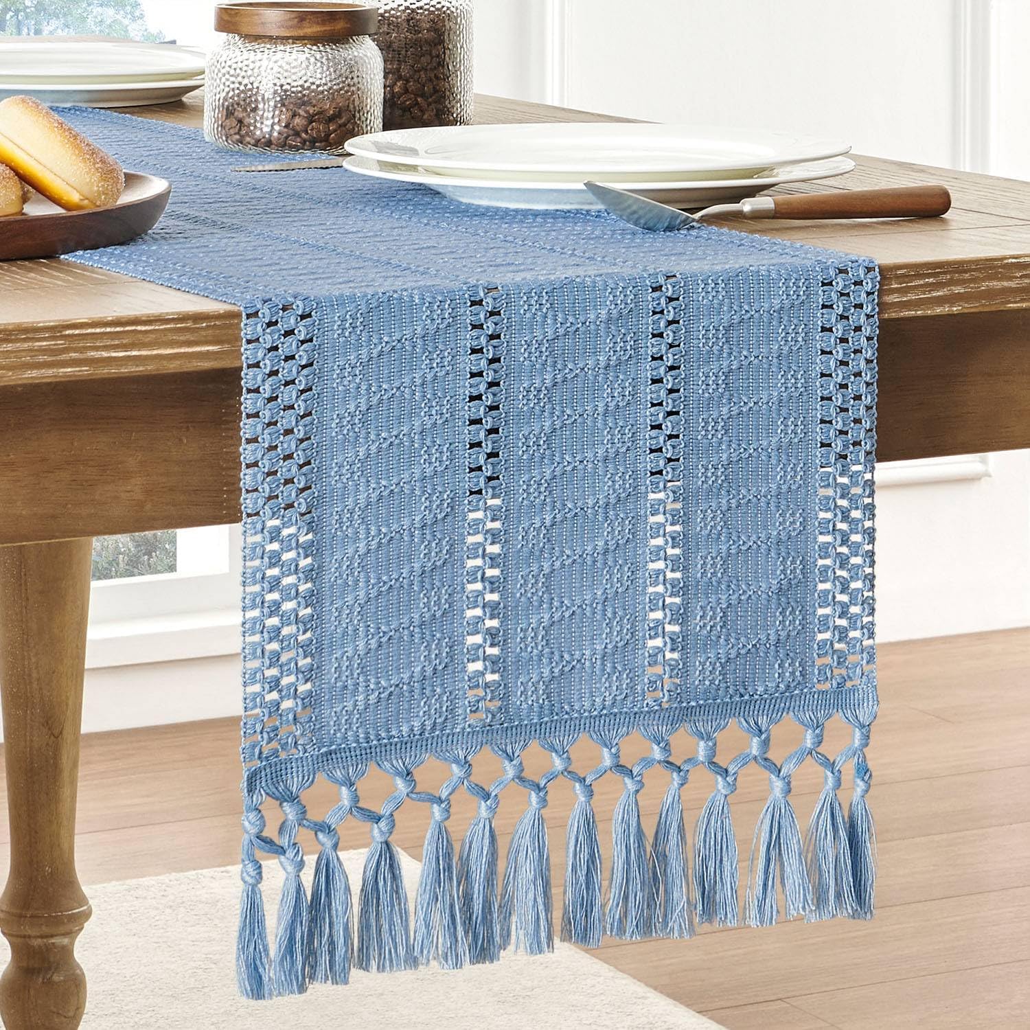 Macrame Style Boho Table Runner, Special Blue Table Runners 90 Inches Long, Uniq...