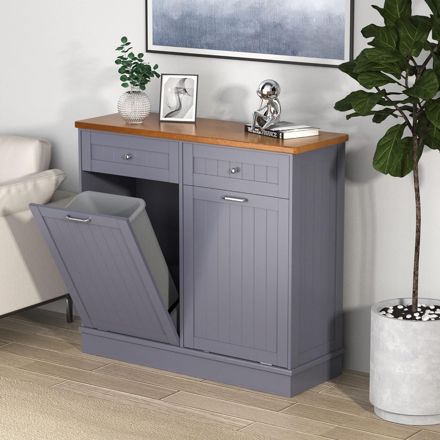 Double Tilt Out Trash Cabinet 10 Gallon Wooden Free Standing Laundry Sorter Cabi...