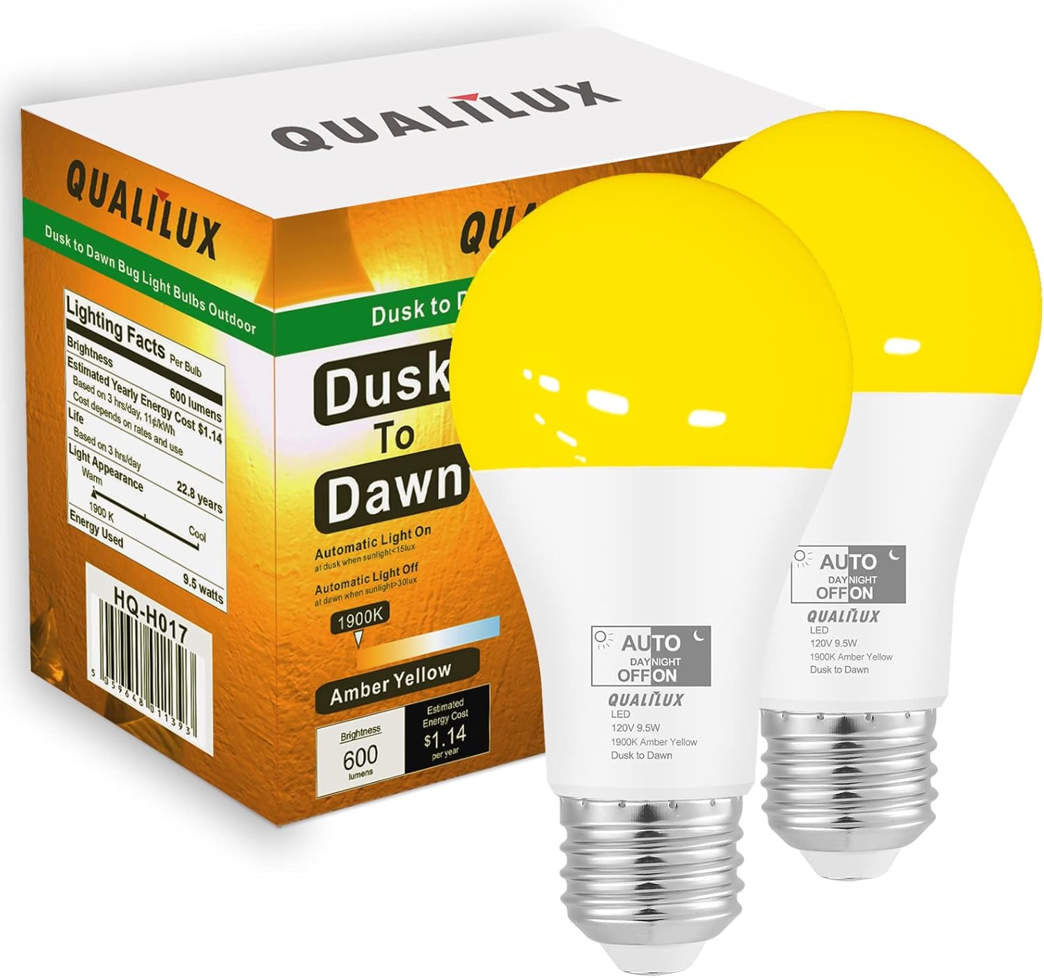 Dusk to Dawn Bug Light Bulbs Outdoor, 1900K Amber Yellow, 600 Lumen, LED 9.5W, A...
