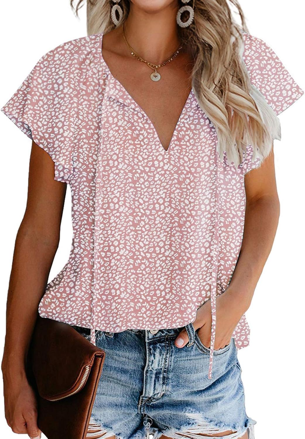 Mansy Women's Casual Floral Print V Neck Ruffle Short Sleeve Summer Shirts Tops...
