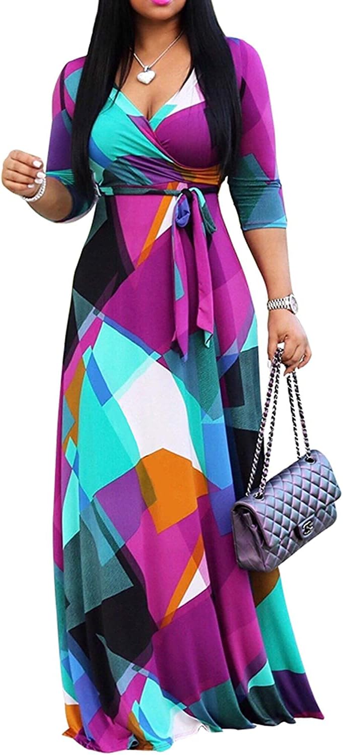 FANDEE Plus Size Maxi Dress for Women Casual Summer Sundress V-Neck 3/4 Sleeve X...