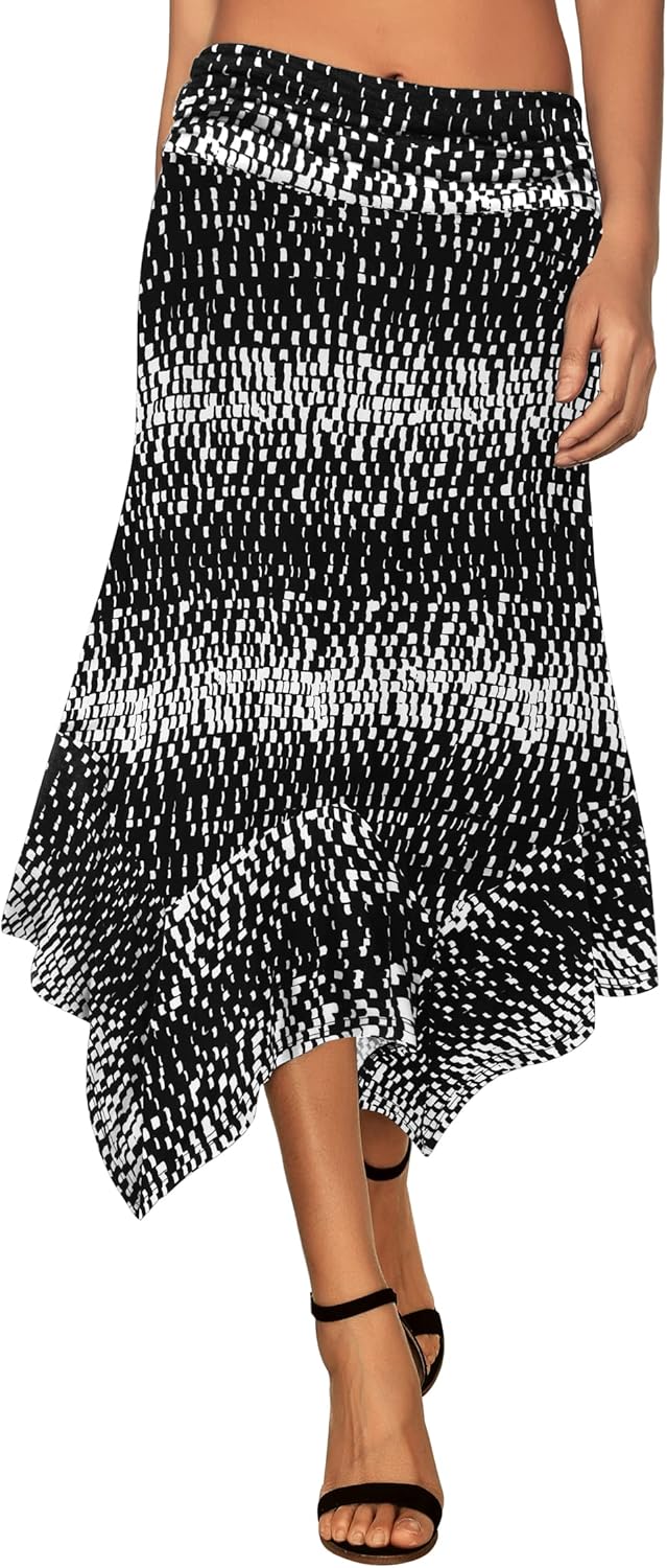 DJT Women's Flowy Handkerchief Hemline Midi Skirt Large Black White