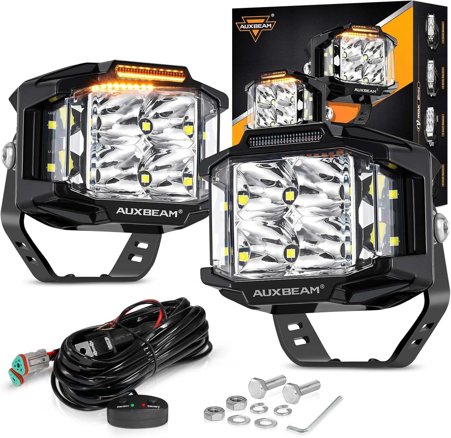 Auxbeam 4 Inch LED Pod Lights, 92W V-MAX Series Square Offroad Driving Lights wi...