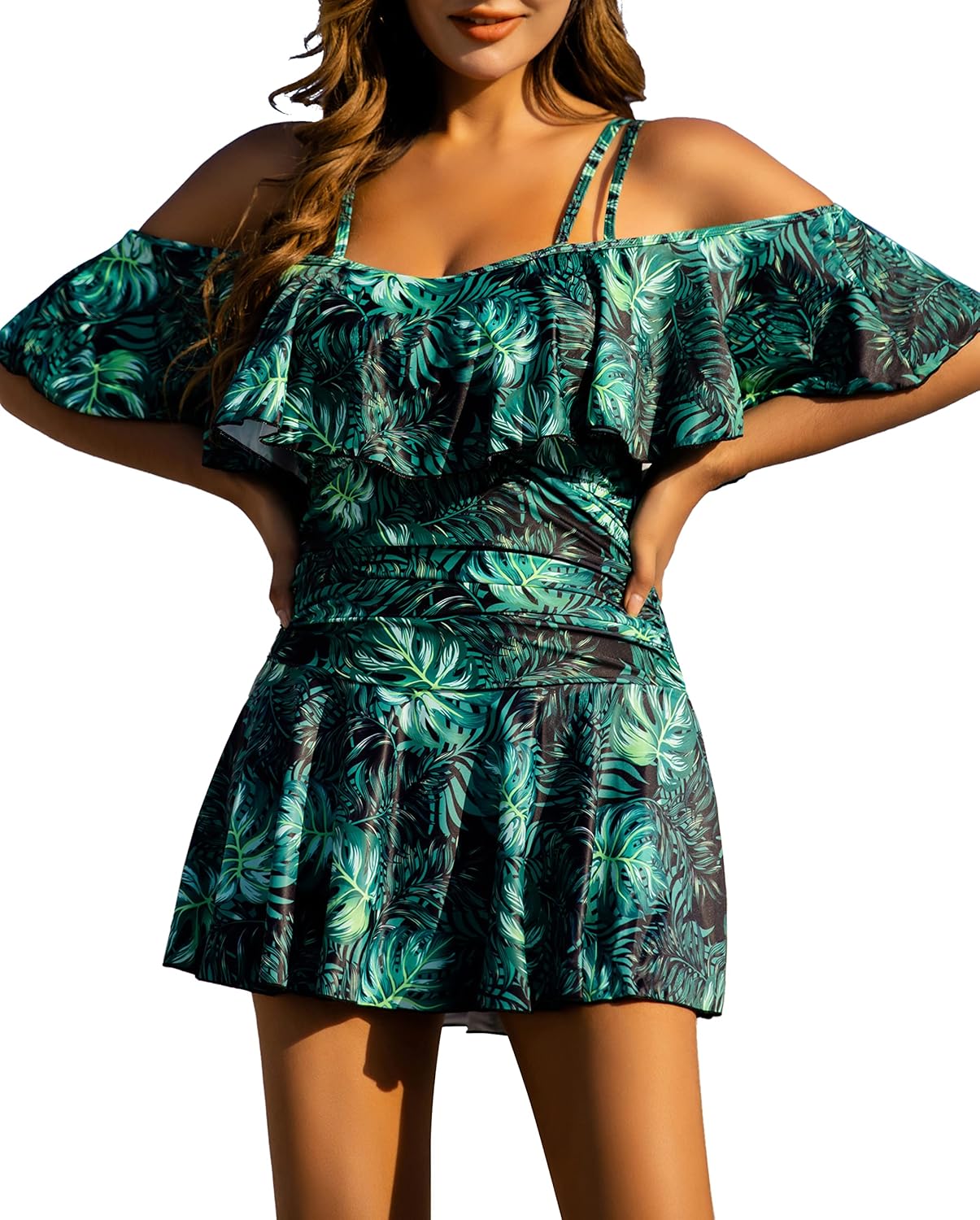 COCOPEAR Women's One Piece Flounce Swimsuit Off Shoulder Bathing Suit Tummy Cont...