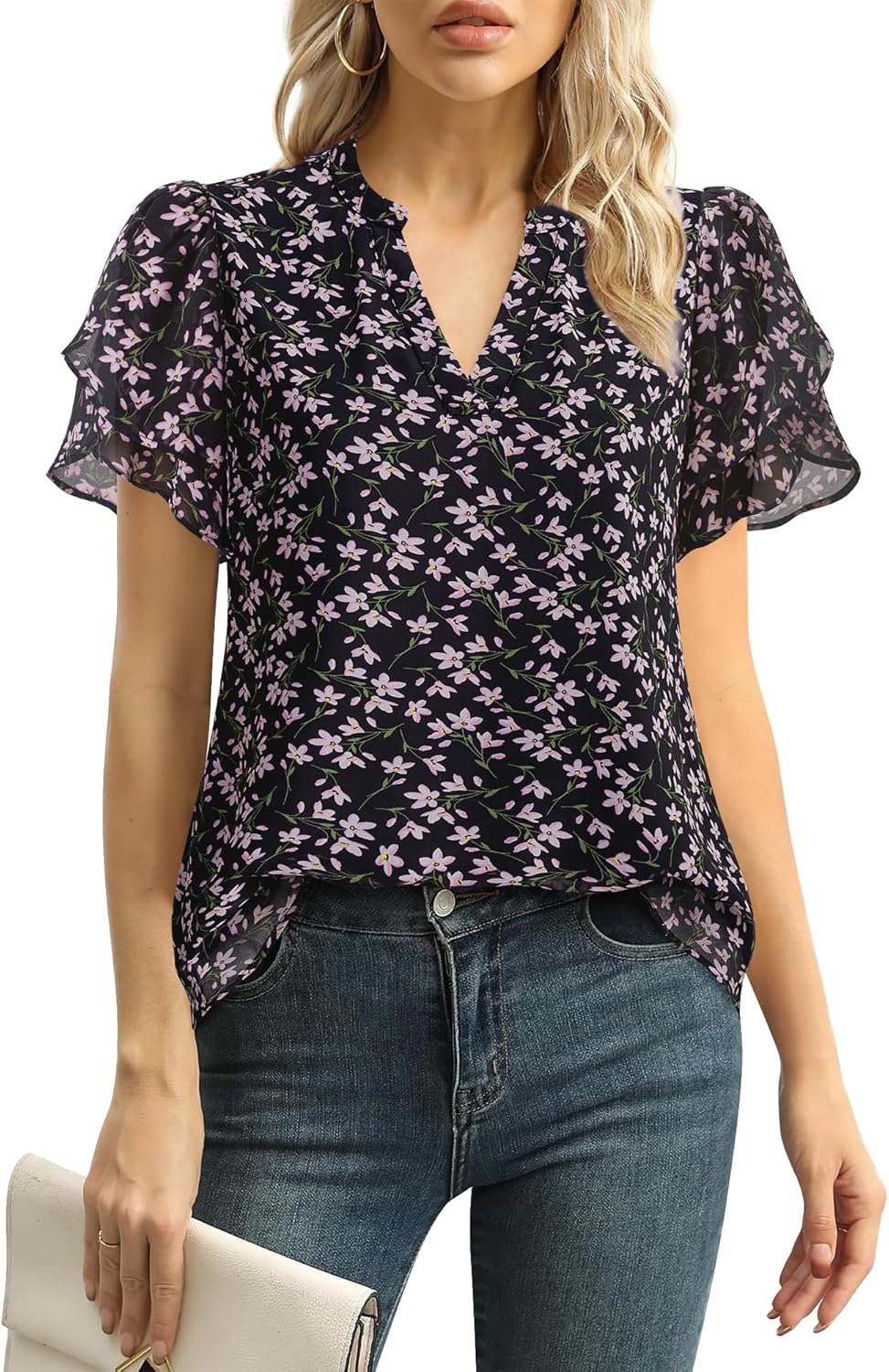 Lotusmile Womens Dressy Chiffon Blouses Summer Puff Petal Short Sleeve Shirts V...