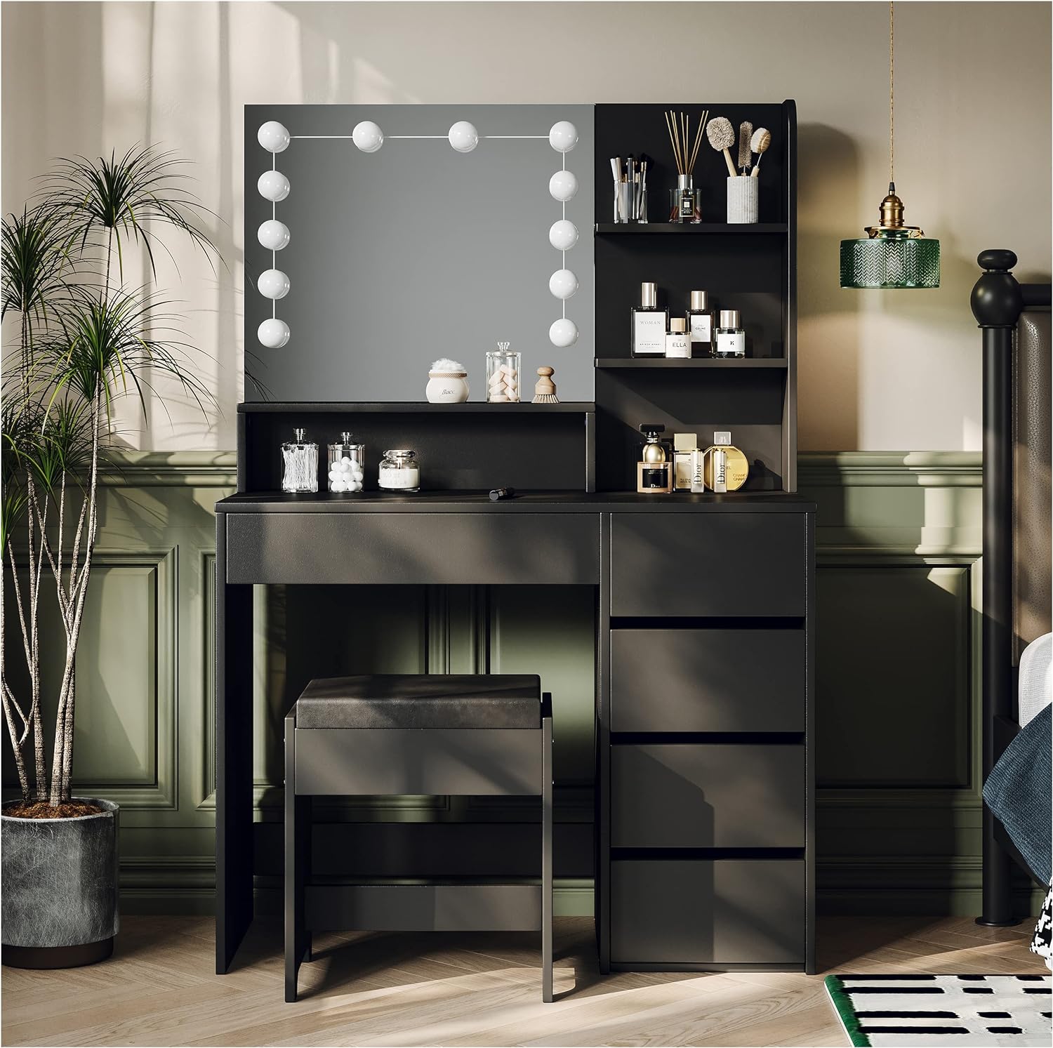 Furniouse 37" W Vanity Desk, Vanity Mirror with Lights and Table Set with 5 Draw...