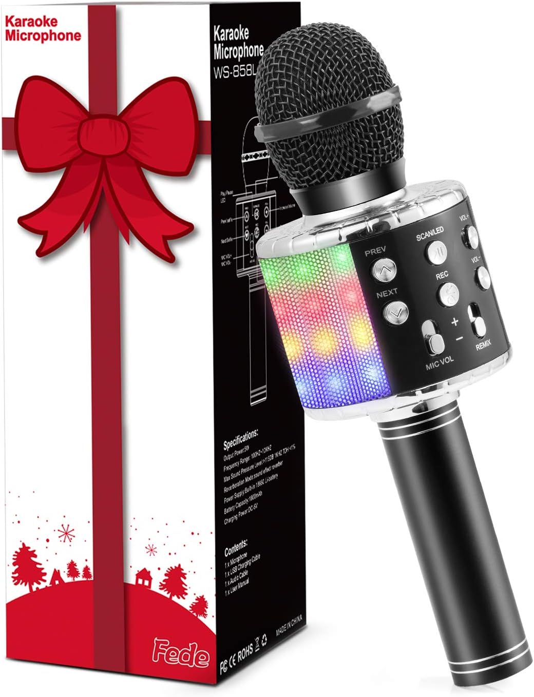 Fede Microphone for Kids Adults, Wireless Bluetooth Microphone with Flashing Col...