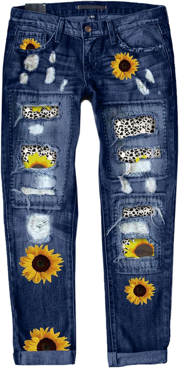 Astylish Womens Plaid Patch Ripped Boyfriend Distressed Stretch Skinny Denim Jea...