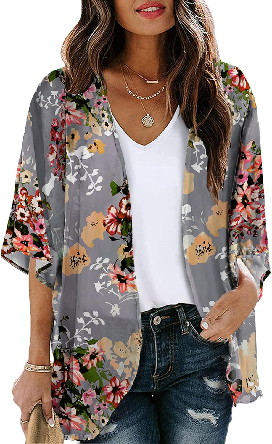 Chunoy Women Floral Print Lightweight Chiffon Kimono Cardigan Short Sleeve Loose...