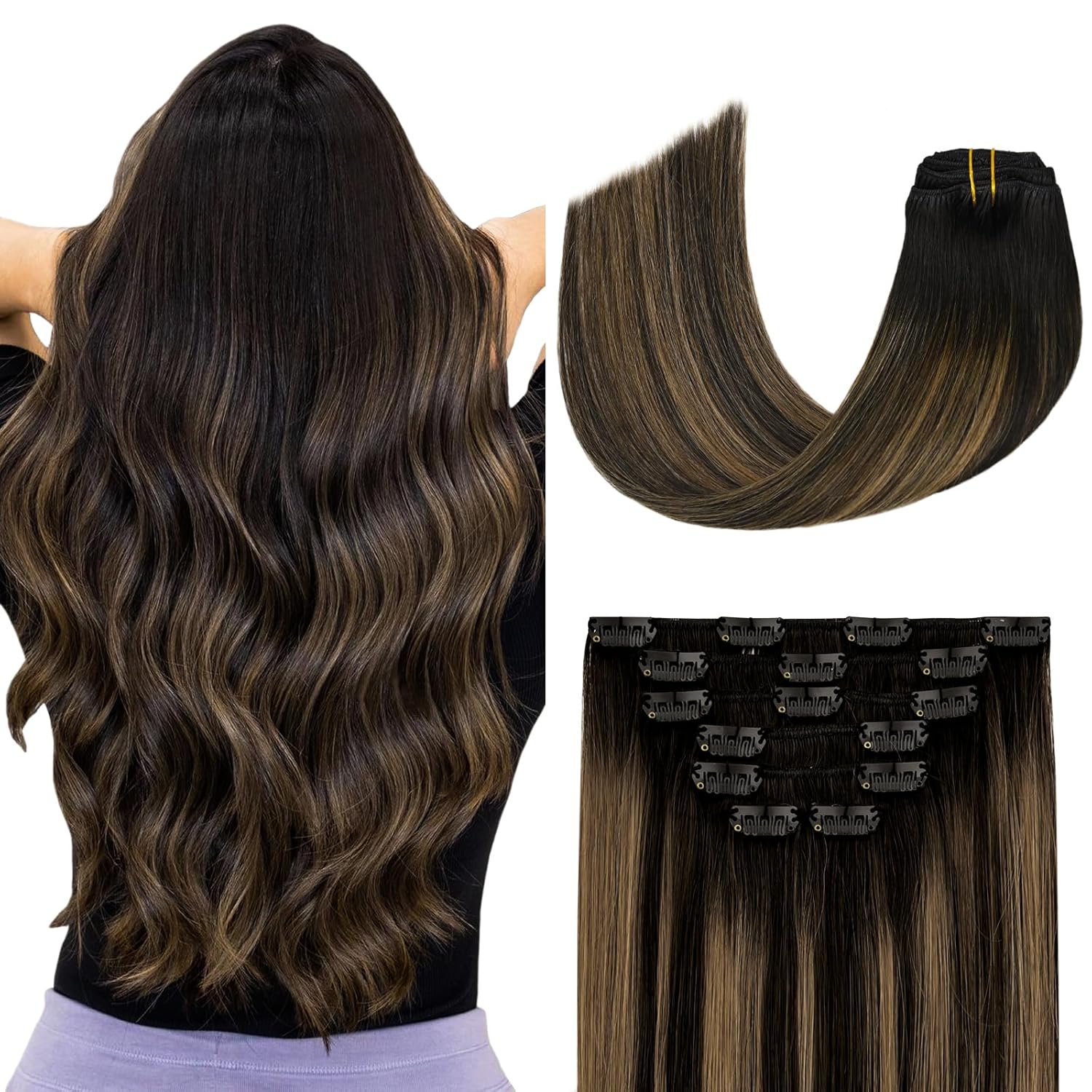 Clip in Hair Extensions 70G Natural Black to Chestnut Brown 100% Remy Human Hair...