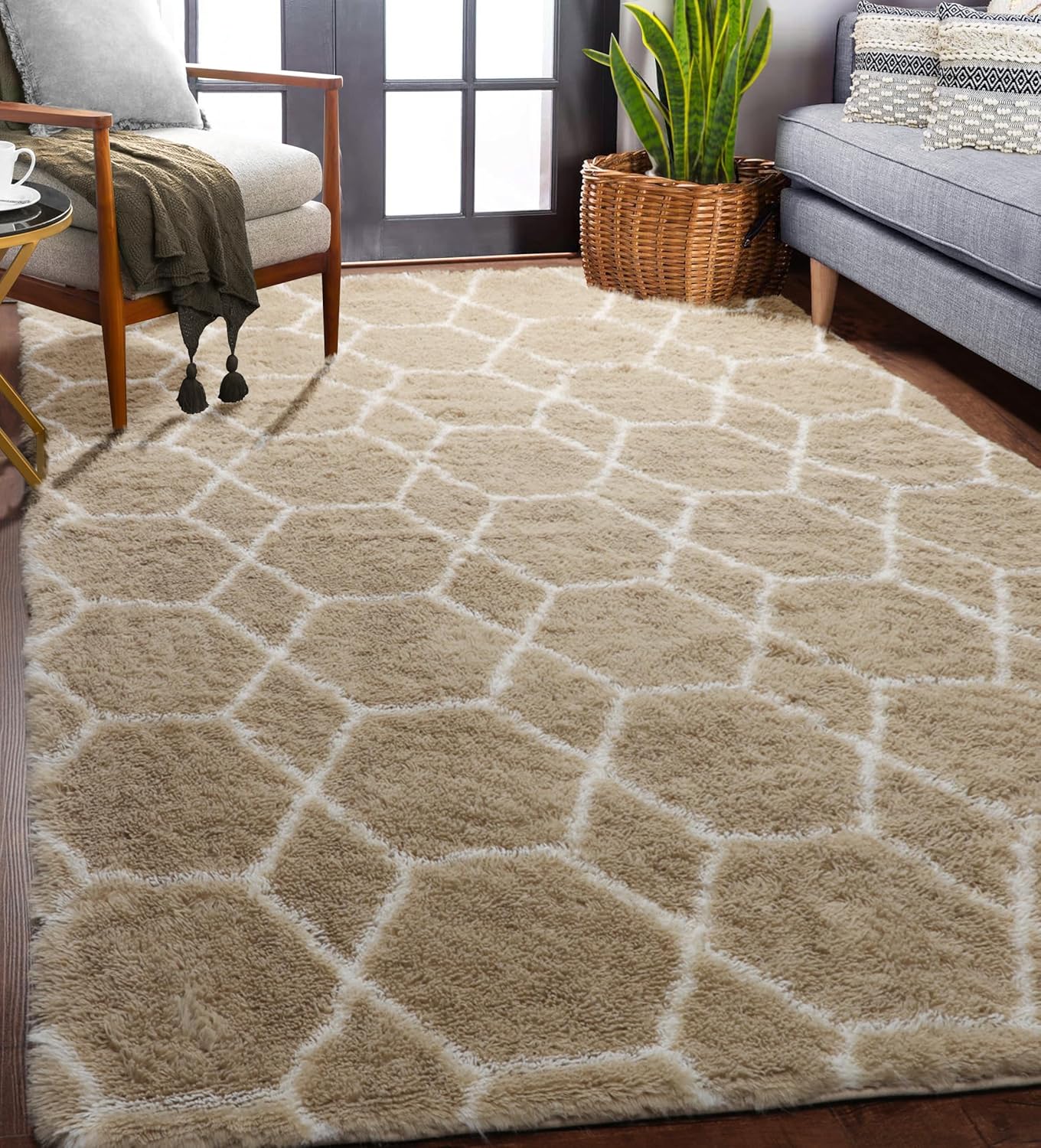 Boho Fuzzy Area Rug for Bedroom, 5x7 Rug, Shag Beige Rugs for Living Room, Nurse...