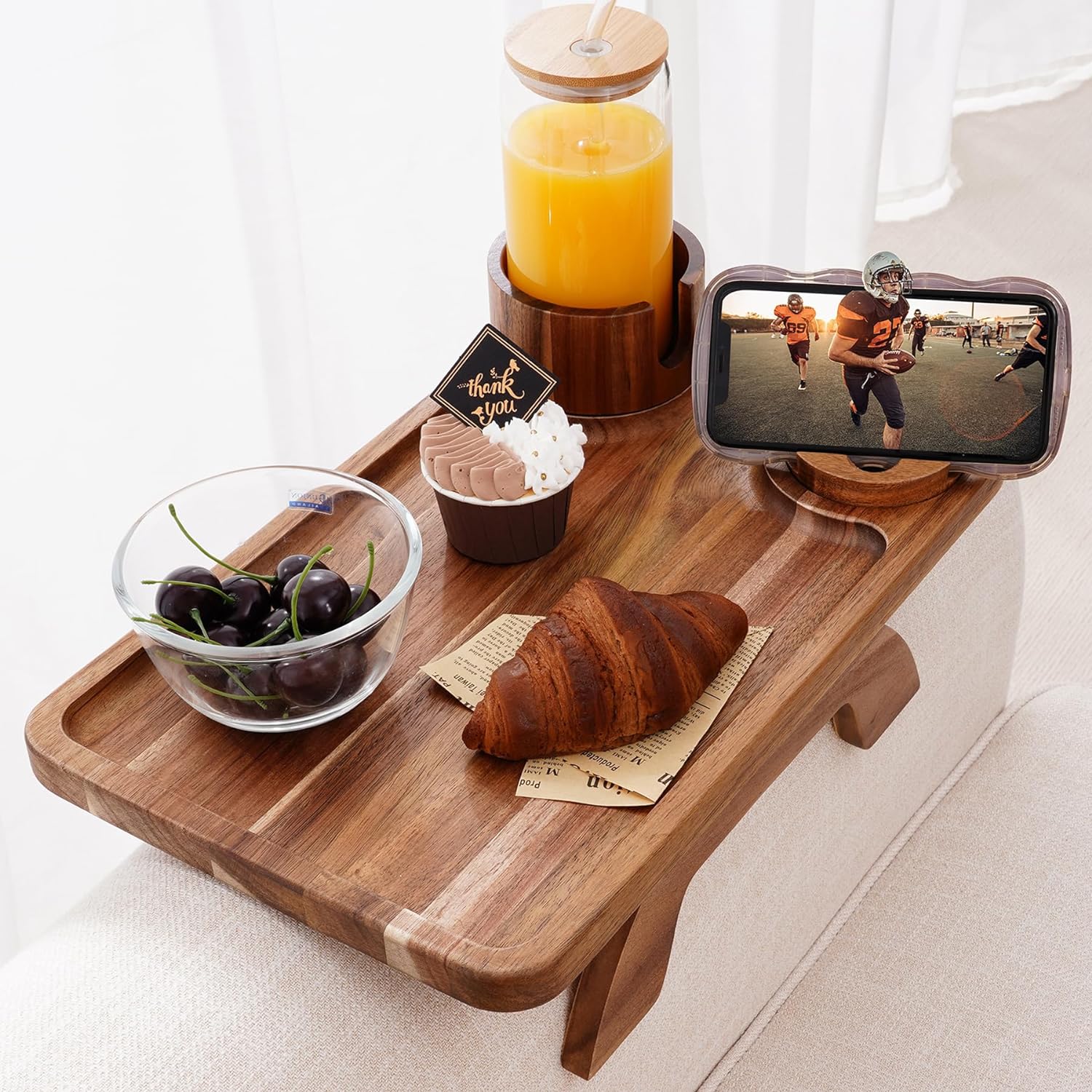 Nnewvante Couch Cup Holder Tray, 3 in 1 Large 15.36"x9.85" Acacia Wood Sofa Arm...