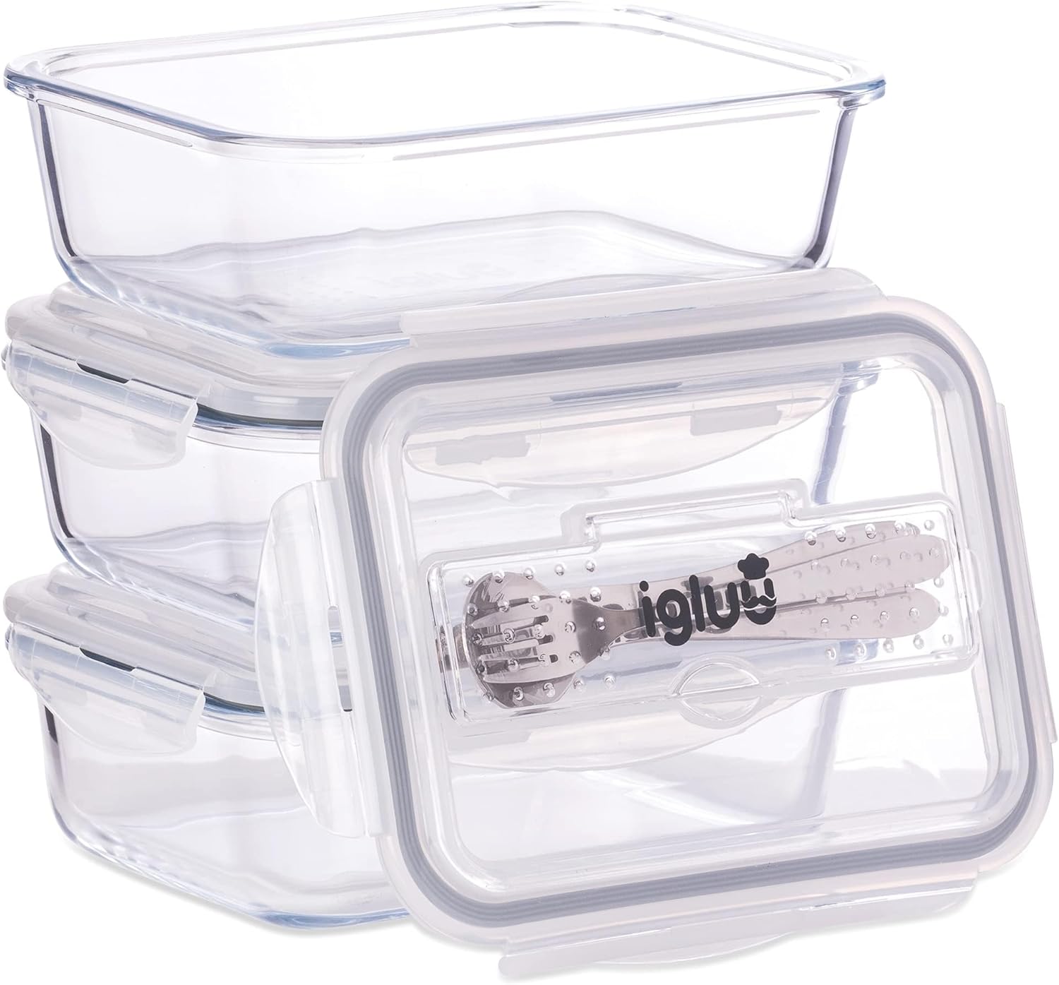Igluu Meal Prep - Glass Containers with Cutlery Lid - Airtight Portion Control F...
