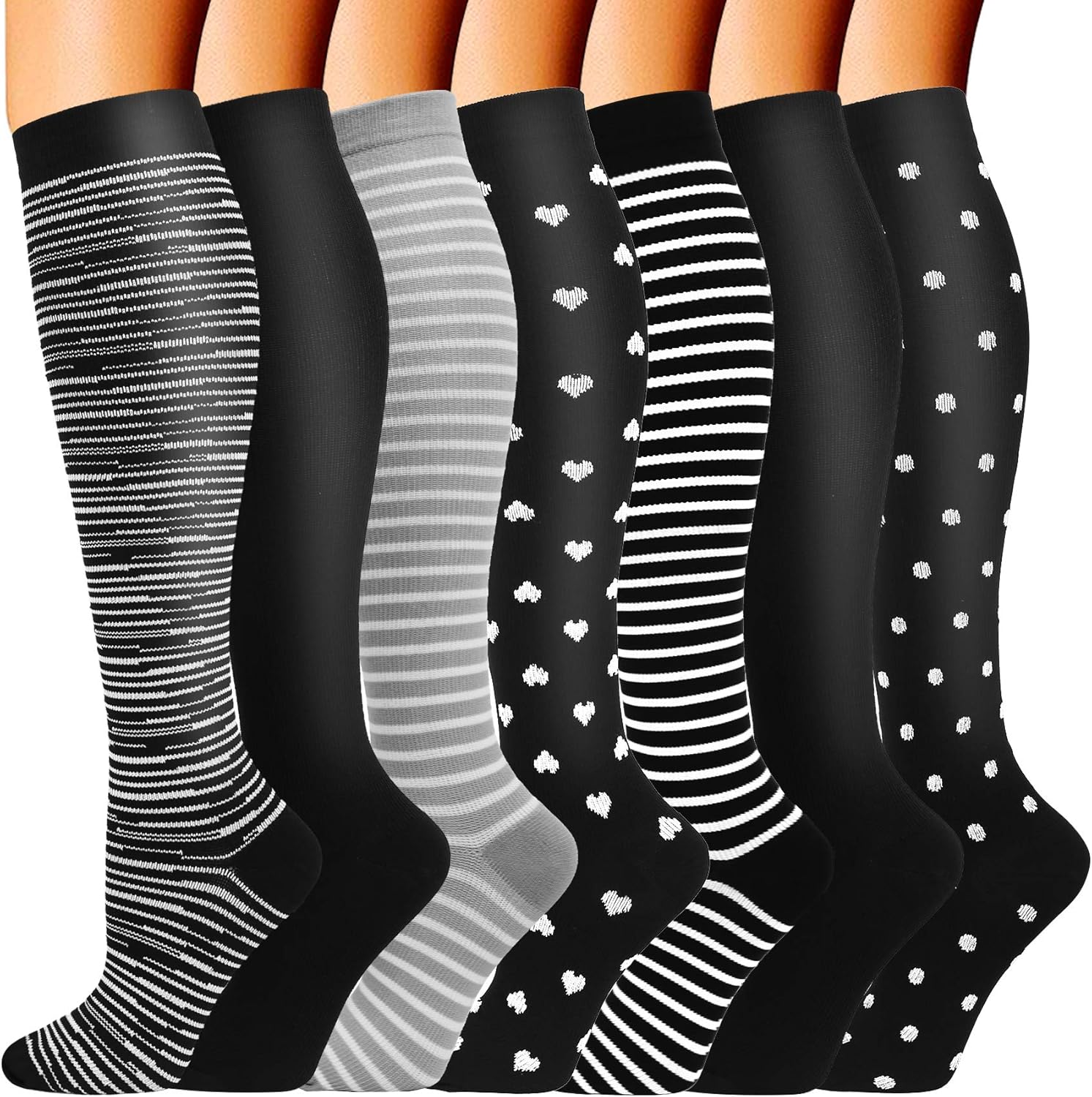 Double Couple 7 Pairs Copper Compression Socks for Men Women 20-30 mmHg Knee Hig...