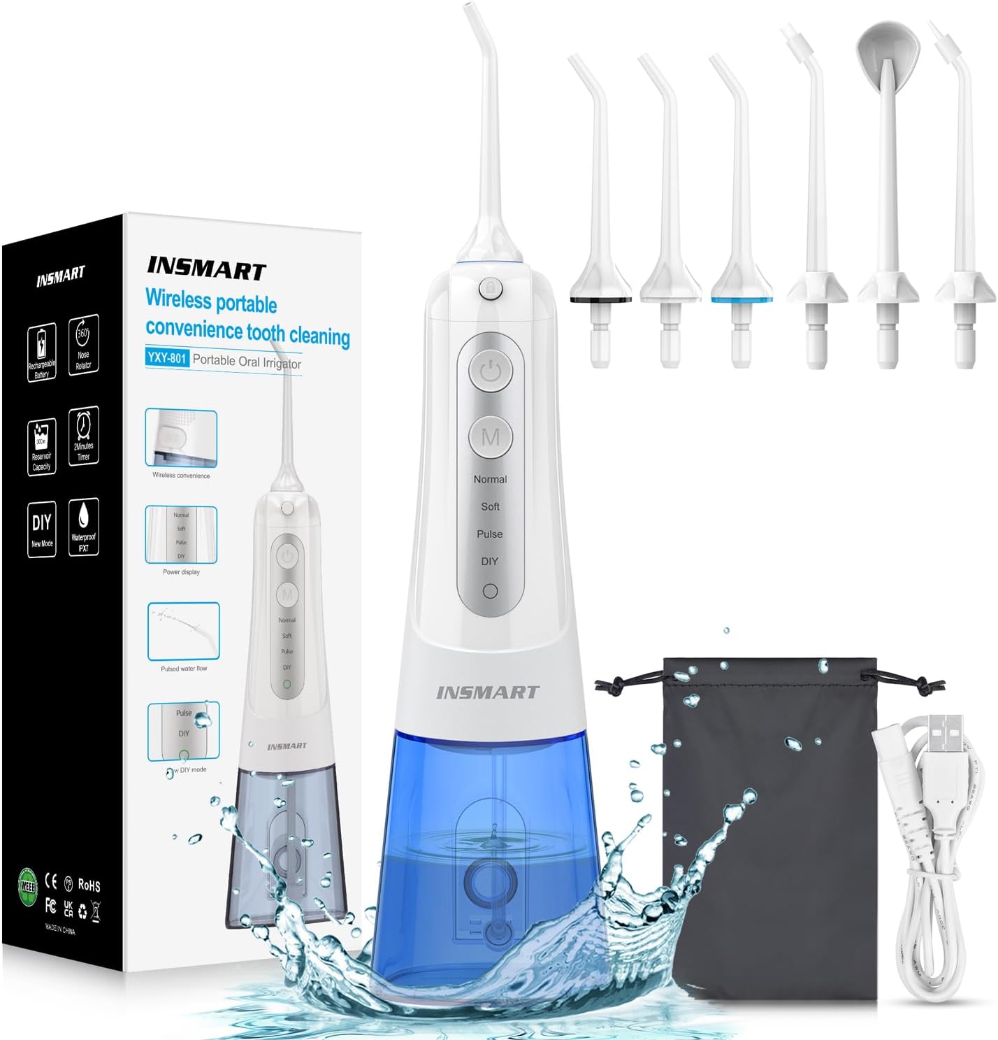 INSMART Water Dental Flosser Teeth Pick - 4 Modes Dental Oral Irrigator (White)