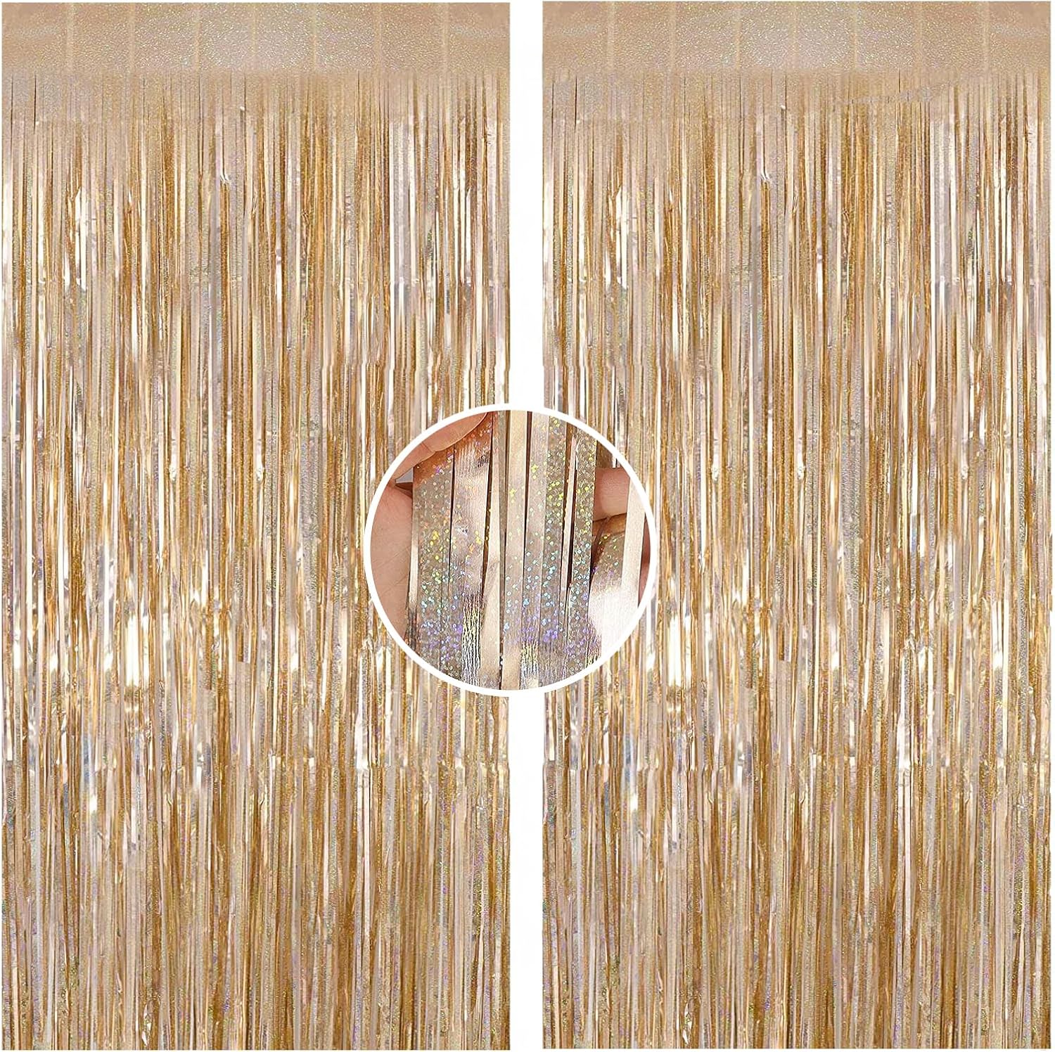 TOPWAYS Champagne Gold Glitter Foil Backdrop Curtain, 2pcs 3.3ft x 8.2ft Metalli...