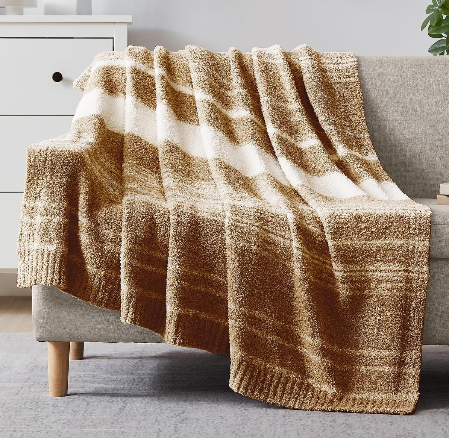 WRENGONGE Burnt Orange Throw Blanket, 50x70 Soft Cozy Microfiber Striped Throw B...