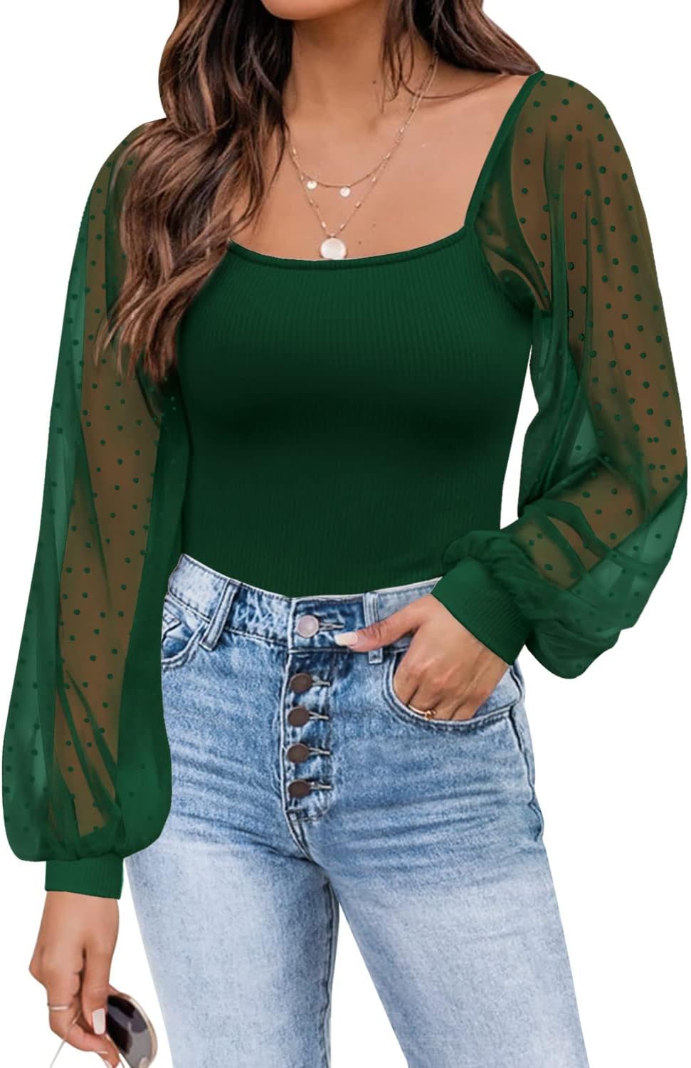 DOROSE Womens Mesh Long Sleeve Shirts Casual Blouses Tops X-Large Dark Green