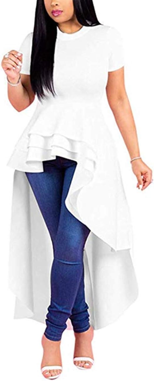 Lrady Womens Casual Shirt Dress High Low Irregular Ruffle Hem Blouse Asymmetrica...