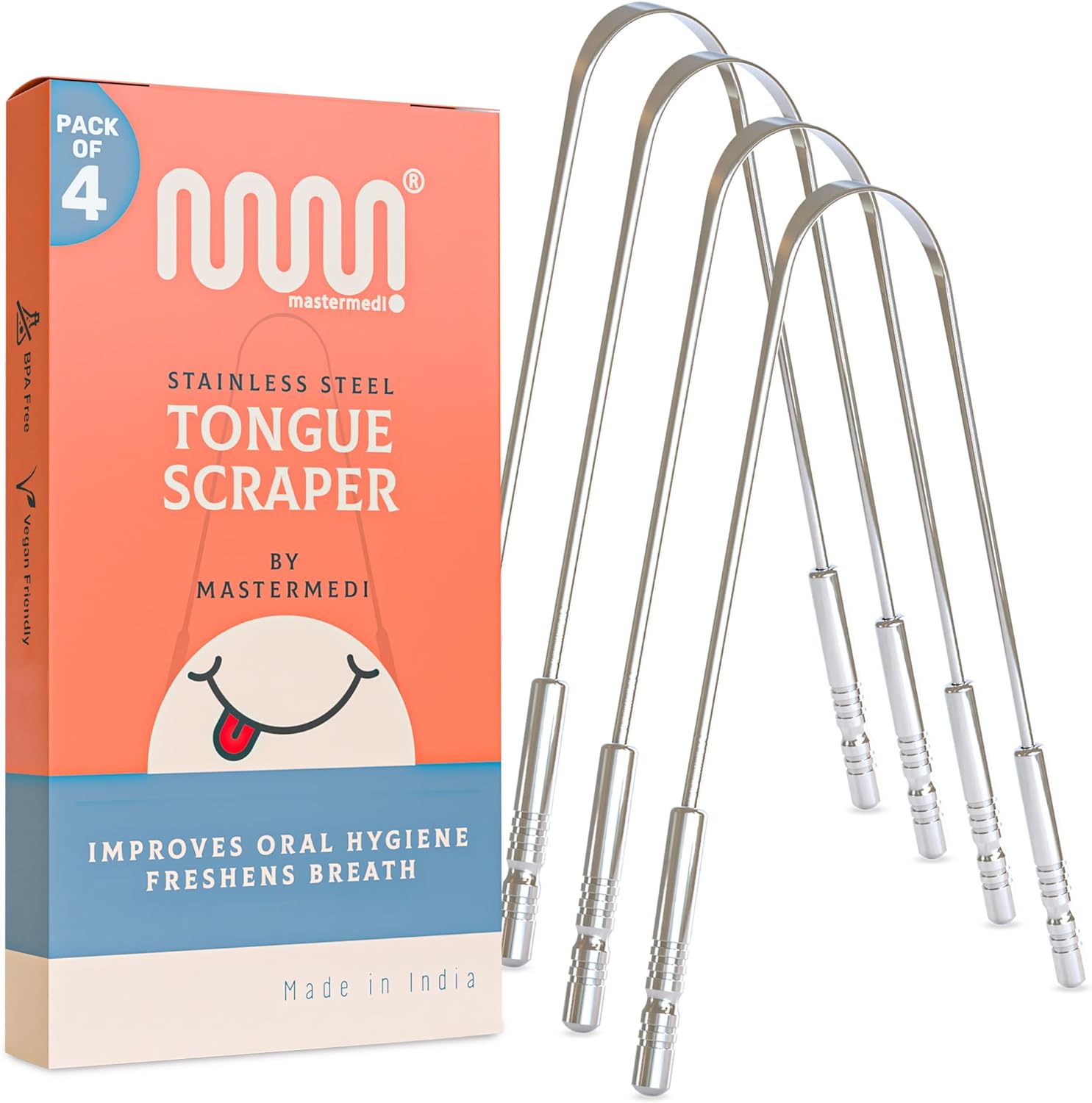 MasterMedi Tongue Scraper Tongue Scraper Stainless Steel New (4 Count (Pack of 1...