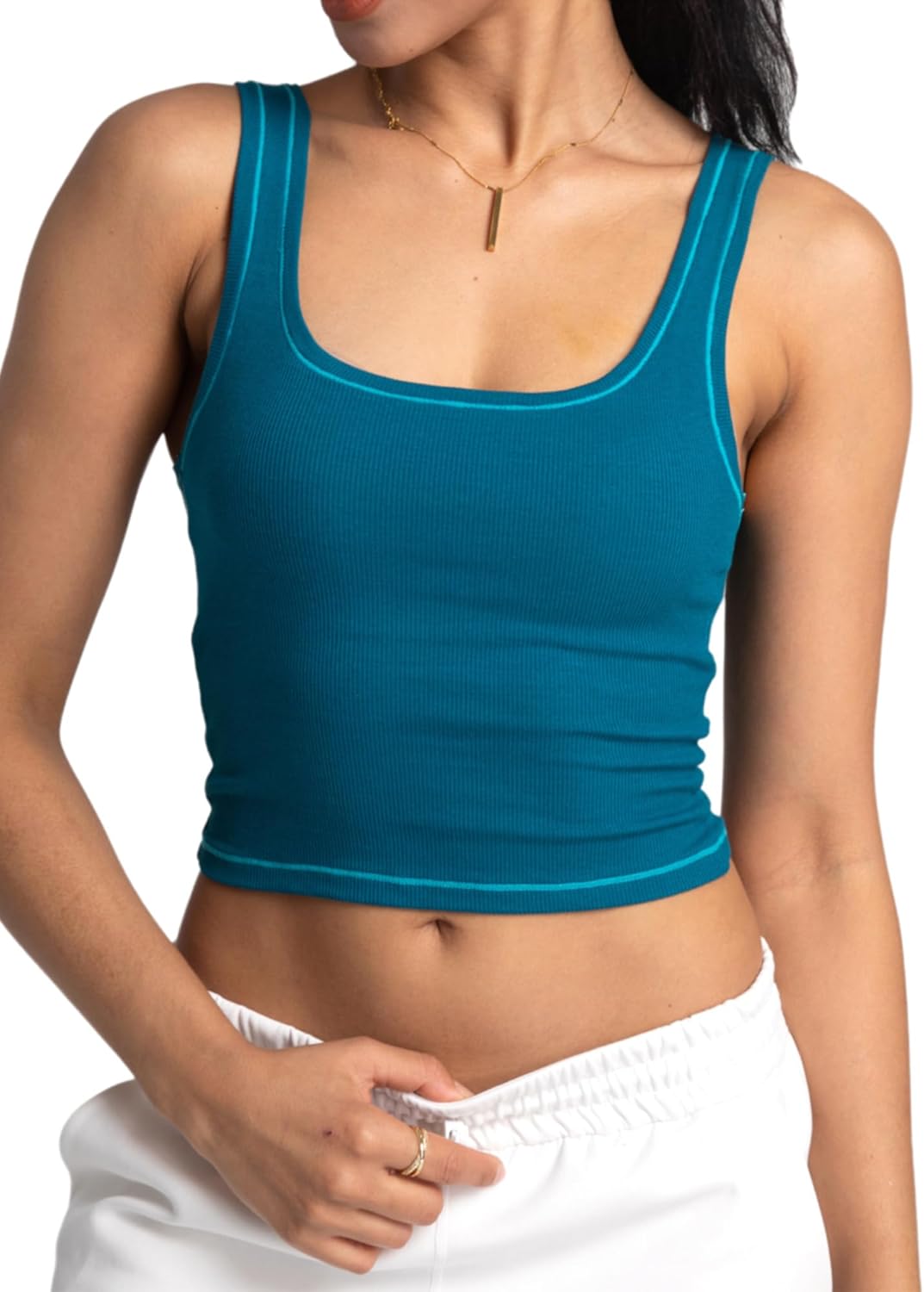 Danysu Women Rib Tank Top Padded Workout Top Square Neck Crop Tank Fitted Basic...
