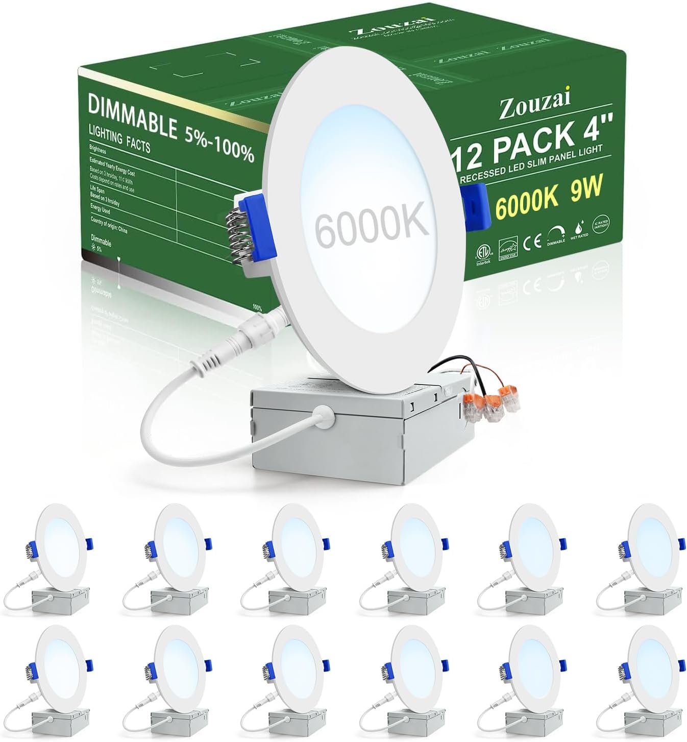 12 Pack 4 Inch 6000K Ultra-Thin LED Recessed Light with Junction Box, 9W 810lm D...