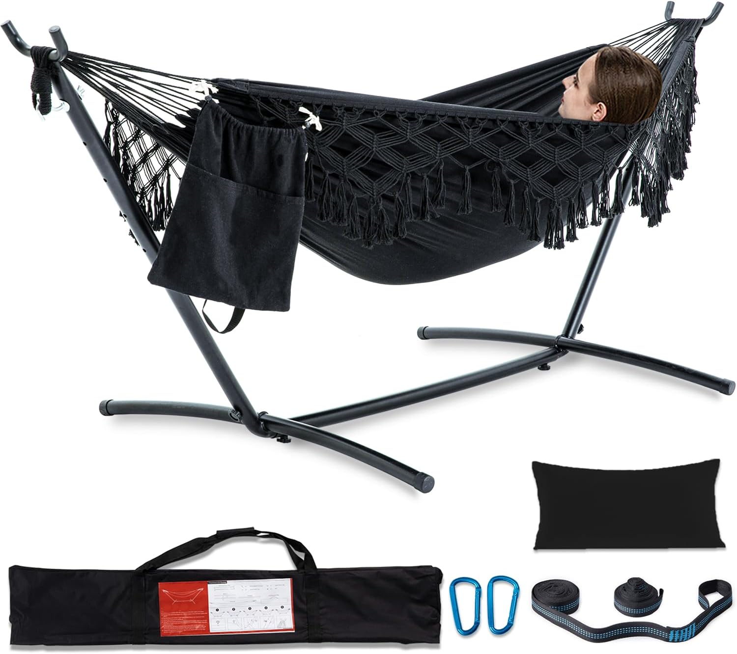 PNAEUT Handmade Tassel Hammocks, Double Hammock with Stand for Outside Indoor Ou...