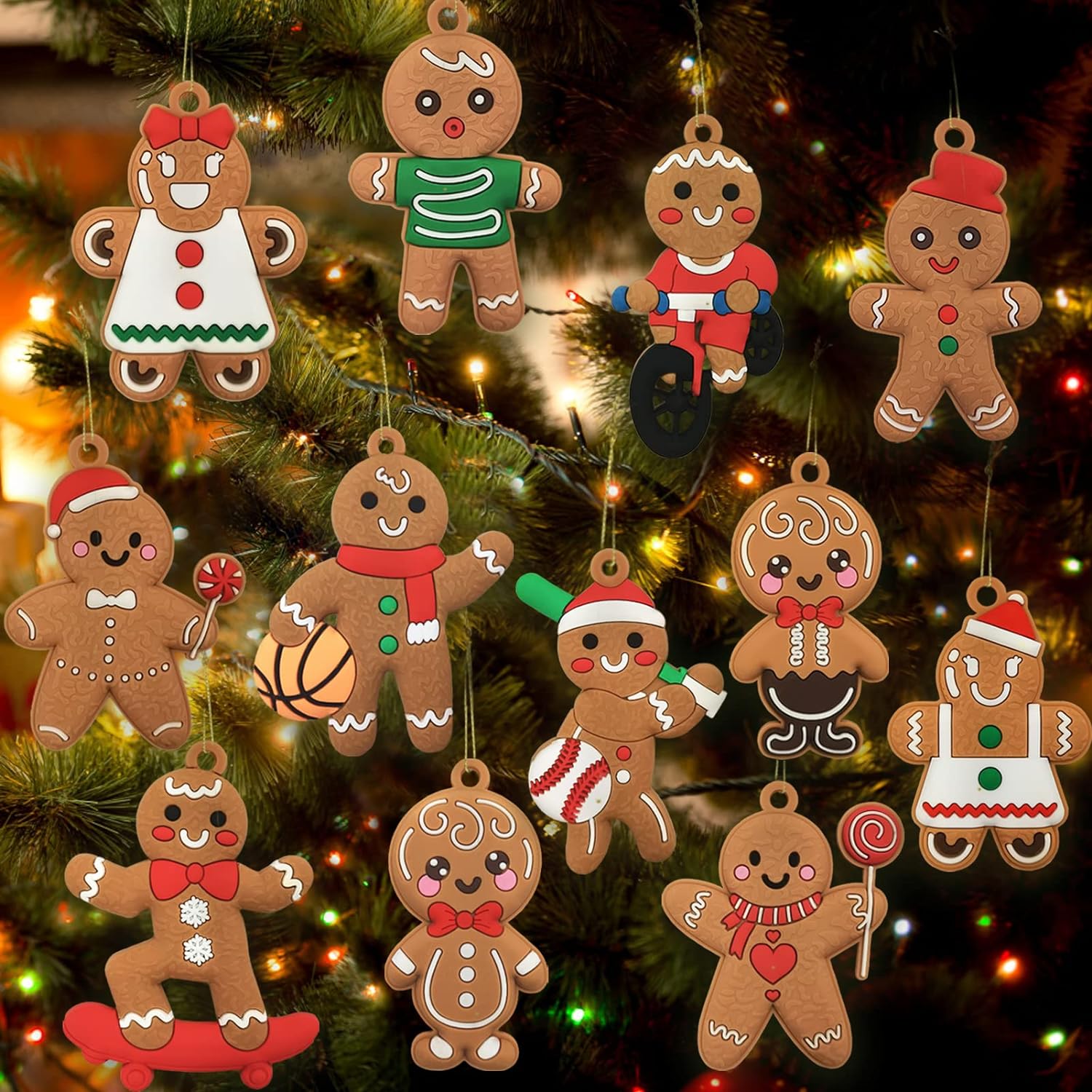 12-Pack Plastic Gingerbread Man Christmas Tree Ornaments - 3 Inch Holiday Decora...