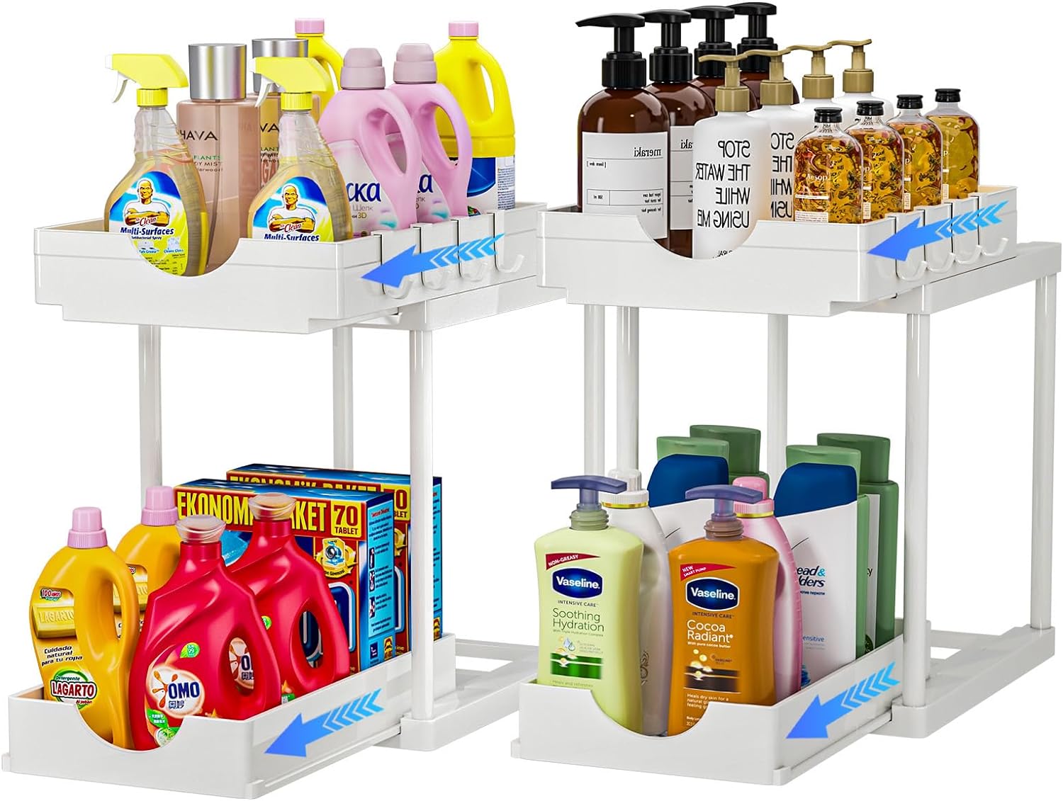 2 Pack Double Sliding Under Sink Organizers and Storage,Two Tier Bathroom Storag...