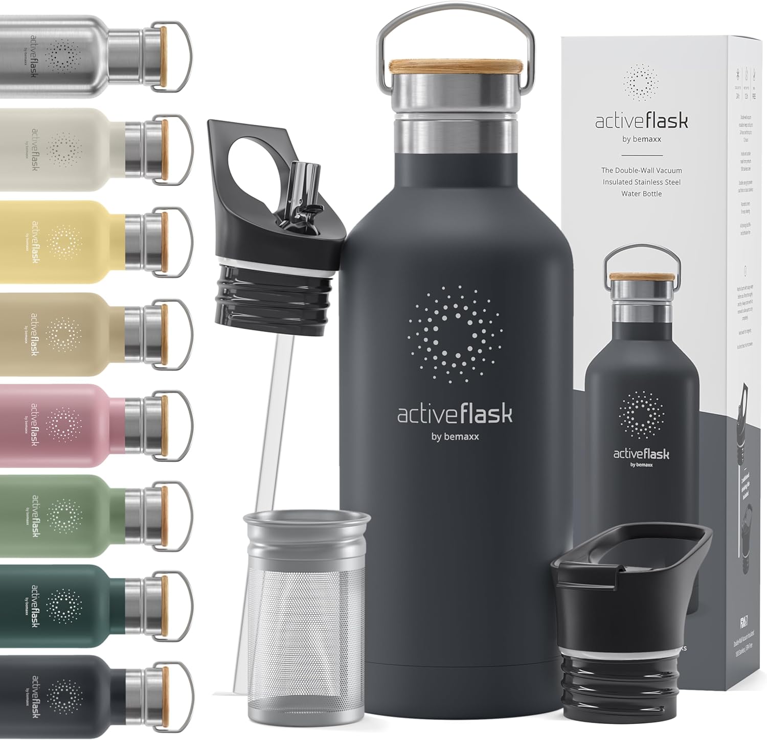 Stainless Steel Water Bottle with Straw, Infuser & 3 Lids: 1 & 0,5L Leak-Proof V...