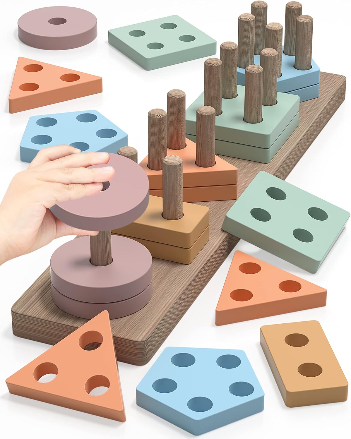 Montessori Toys for 1 2 3 Years Old Boys Girls, Wooden Sorting and Stacking Todd...