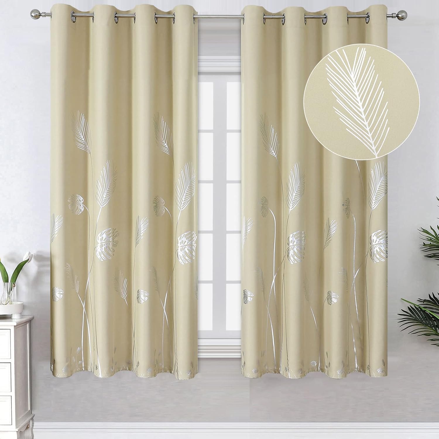 Estelar Textiler Silver Palm Tree Printed Curtains Light Blocking Curtains Therm...