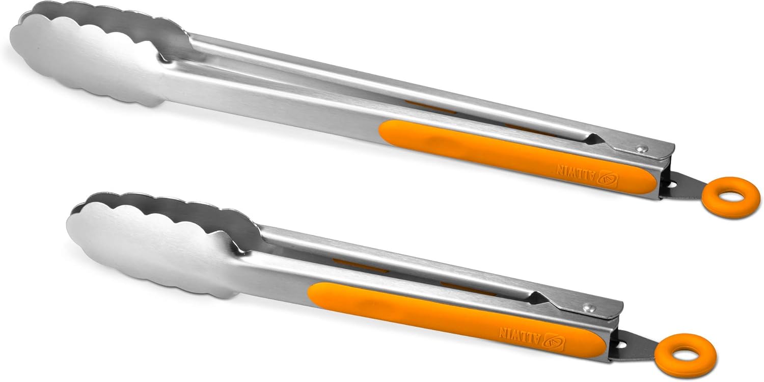 304 Stainless Steel Kitchen Cooking Tongs, 9" and 12" Set of 2 Sturdy Grilling B...