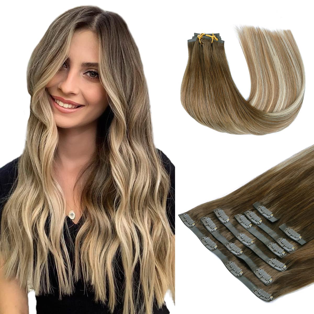 HOTBANANA Clip in Hair Extensions 14 inch 130g 7pcs Walnut Brown to Ash Brown an...