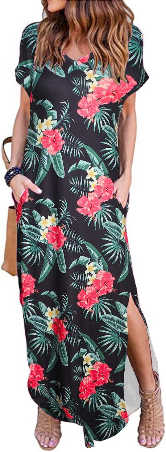 Arolina Women's Summer Maxi Dress Short Sleeve V Neck Casual Loose Long Beach Sp...