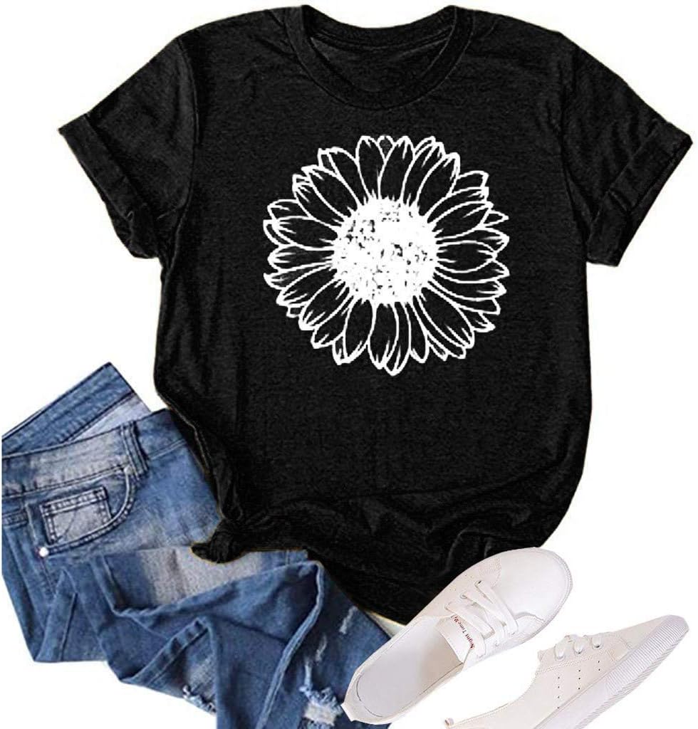 Women's Summer Sunflower T Shirt Cute Flower Graphic Loose Tees Crew Neck Short...