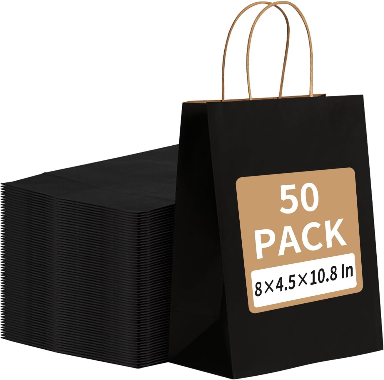 RACETOP 50Pcs Black Gift Bags 8x4.5x10.8 Inch, Kraft Paper Bags with Handles, Sh...