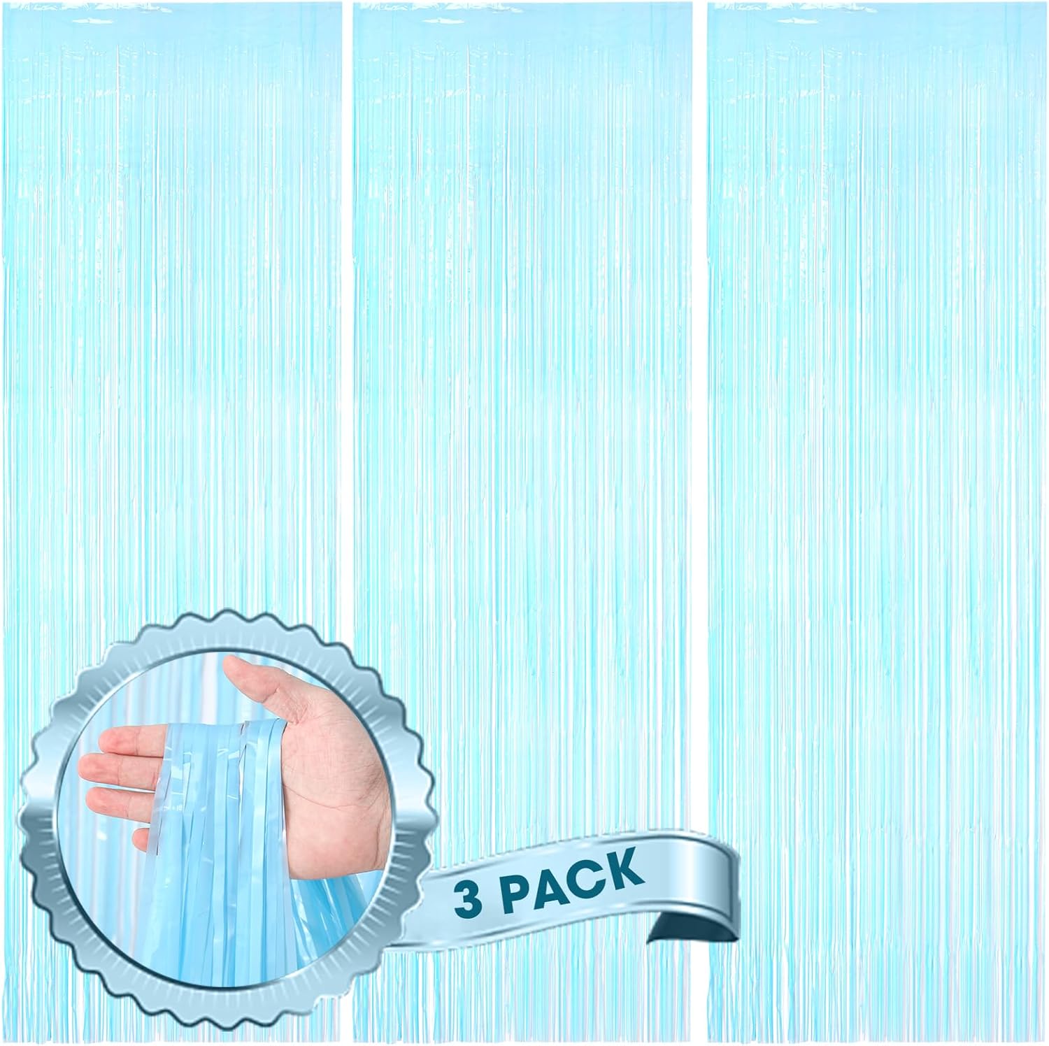 3 Pack 3.3 x 8.2 ft Pastel Blue Foil Fringe Backdrop Curtains, Tinsel Streamers...