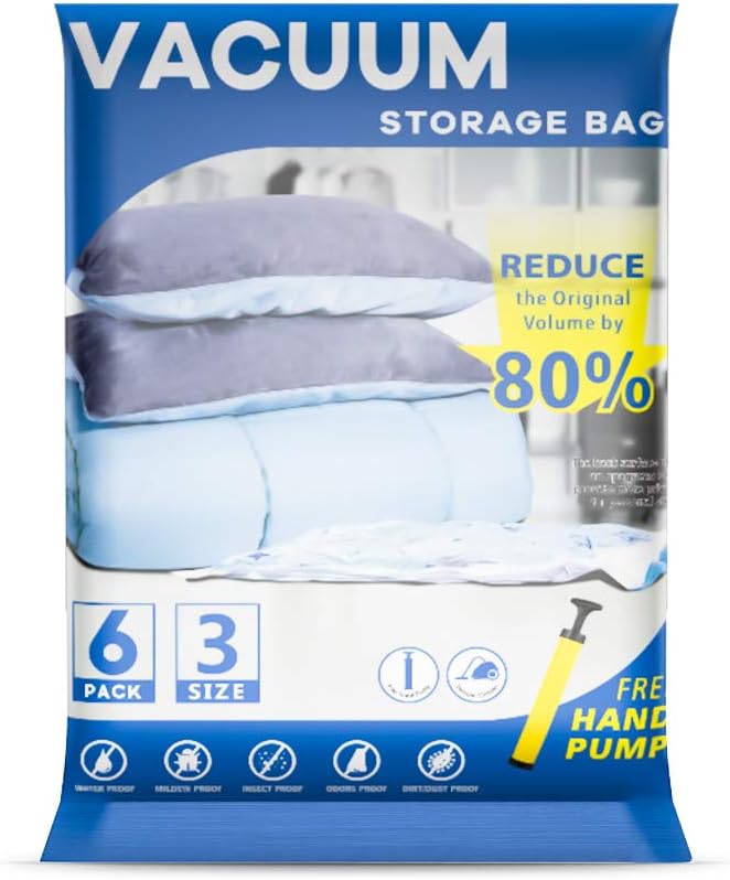 UOUNE Vacuum Storage Bags, 6-Pack (2 Jumbo, 2 Large, 2 Medium) Reusable Space Sa...