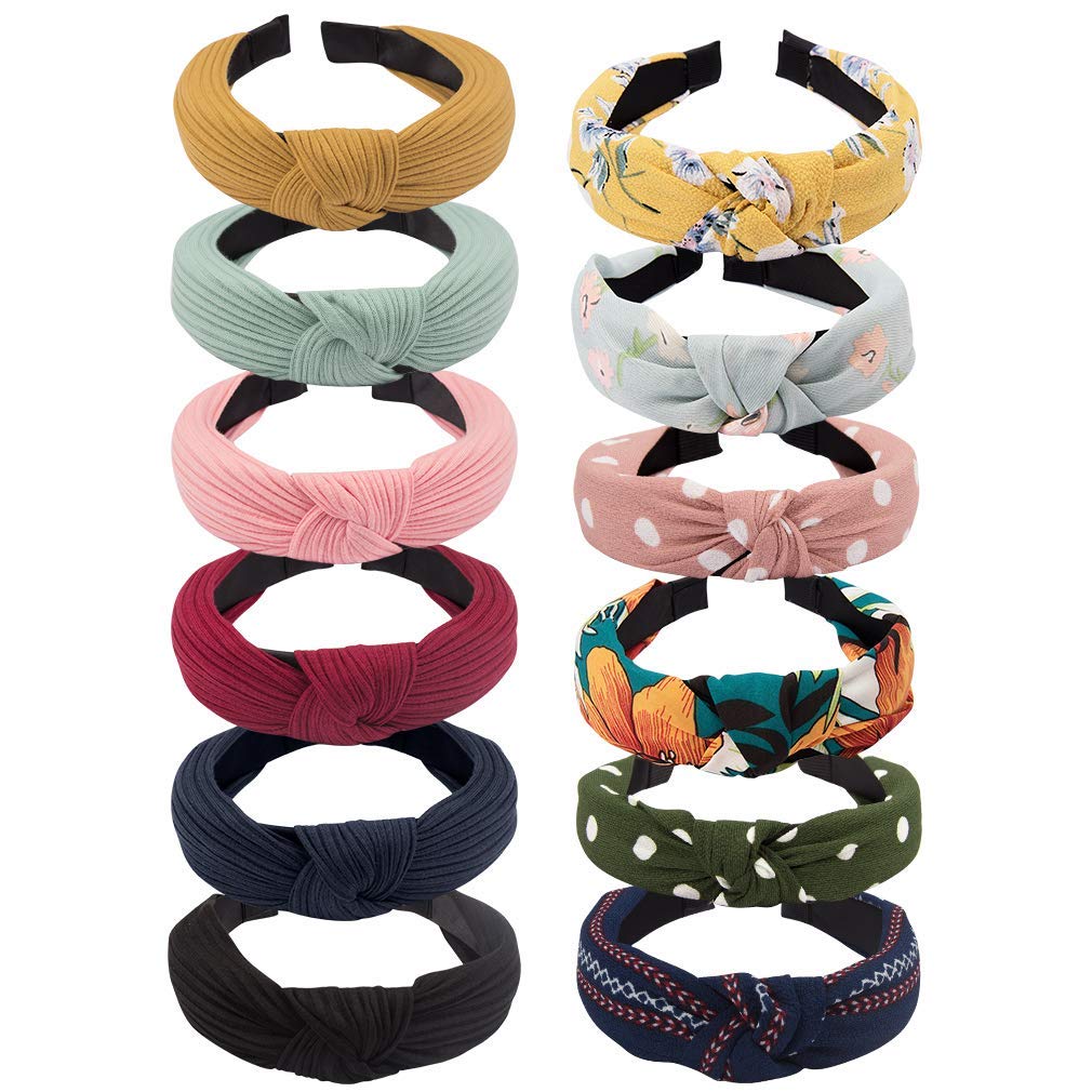 Womens Boho Headbands 12 Pack VELSCRUN Knotted Elastic Turban Bandeau Wide Hair...