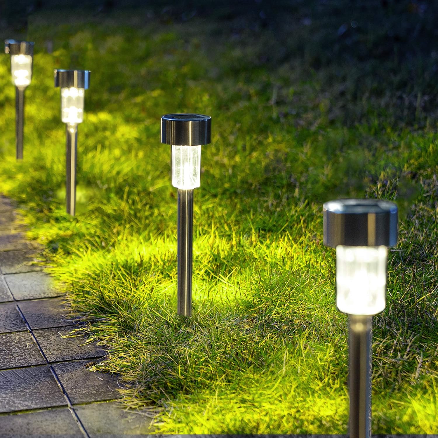 GIGALUMI Solar Pathway Lights 12 Pack, Stainless Steel IP44 Waterproof Auto On/O...