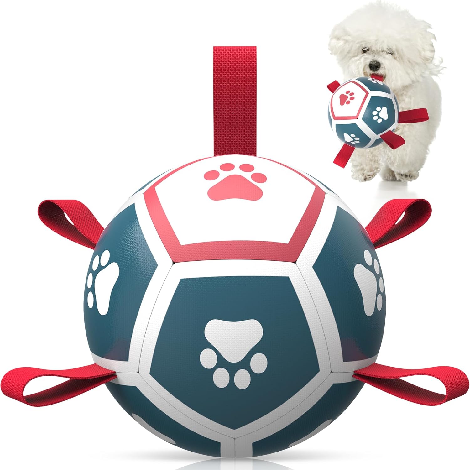 Dog Toys Soccer Ball with Straps, Outdoor Interactive Dog Toys for Tug of War, P...
